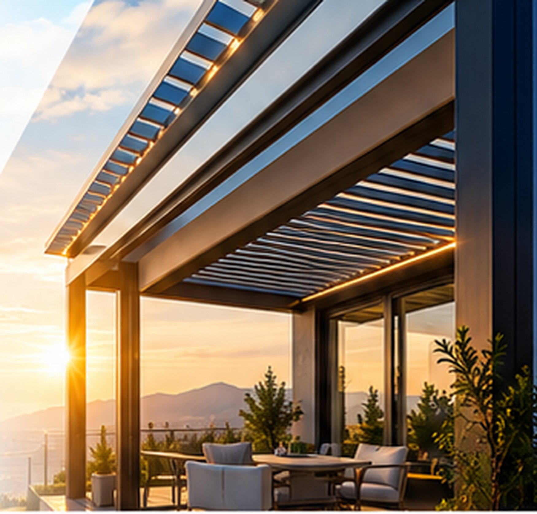 Terrace shaded by a solar awning at sunset